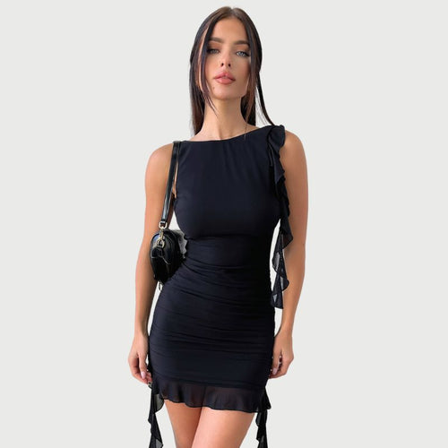 Damen-Minikleid, asymmetrisch, gerüschtes Polyester-1