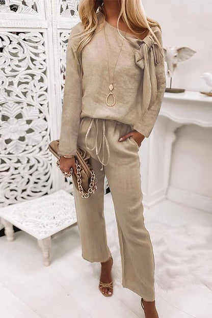 Damen-Set: Loop-Knoten-Nackenpullover, weite Hose, Baumwolle, Polyester-3