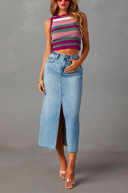 Damen-Midi-Rock, hohe Taille, Denim-1