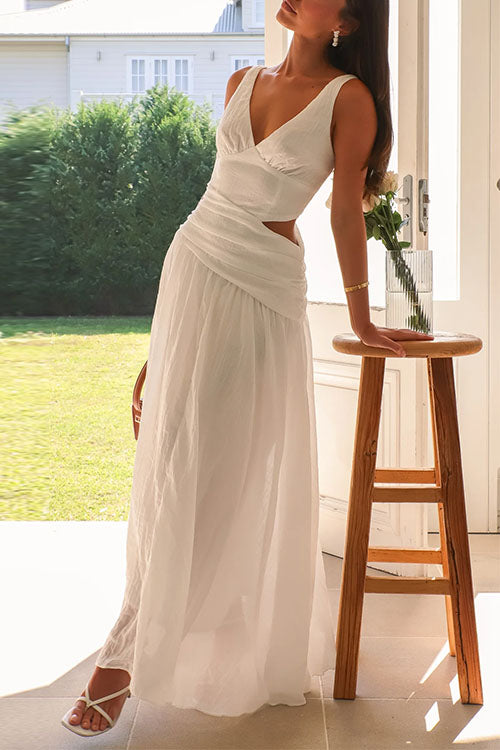 Damen-Maxikleid, ausgeschnittenes V-Ausschnitt, ärmellose Baumwolle, Polyester-2
