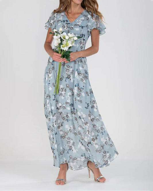 Damen-Maxikleid, Blumenmuster, Chiffon, fließendes-1