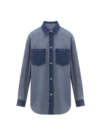 Damen-Hemd, Farbblock, Denim, Patchwork-Design-3