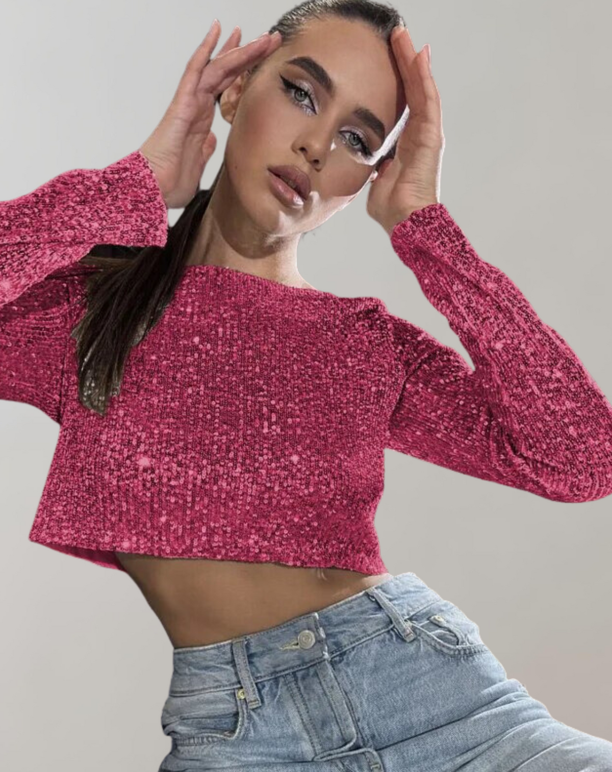 Damen Crop-Top Glitzernde Pailletten Elastisch Weich-3