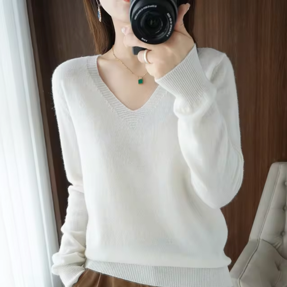 Damen-Strickpullover, V-Ausschnitt, leichtes Material, lockere Passform-2