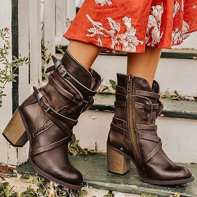 Damen Ankelstiefel Boho Stil PU-Leder mit eckigem Absatz-6