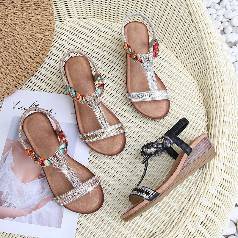 Damen-Sandalen mit hohem Absatz Glitzerperlen Elastisches Band PU TPR-2