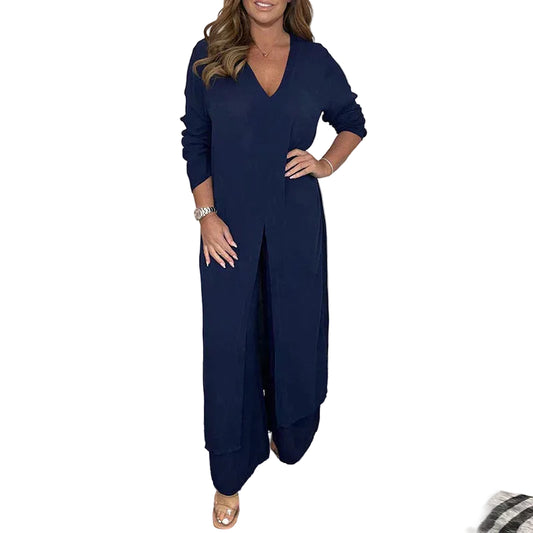 Zweiteiliges Damen-Set mit langem Top und passenden Hosen aus Polyester-4