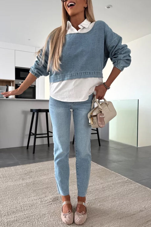 Damen-Denim-Top, Splice-Design, lange Ärmel, Baumwolle, Polyester-2