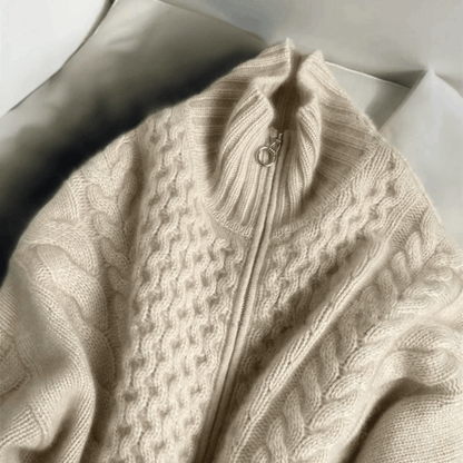Damen-Zopfpullover, hochgeschlossene Wollmischung, mit Reißverschluss-2