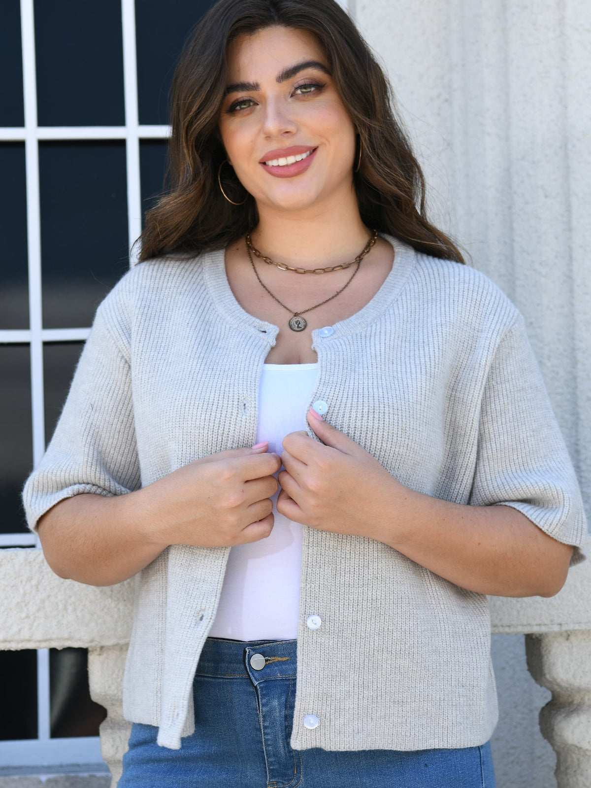 Damen-Cardigan, fünfärmelig, Polyester, grau-2