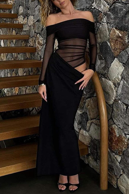 Damen-Maxikleid, schulterfreie langarme Baumwolle, Polyester-2
