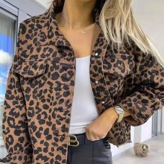 Damen-Jeansjacke Leopardenmuster Lässig Denim-1