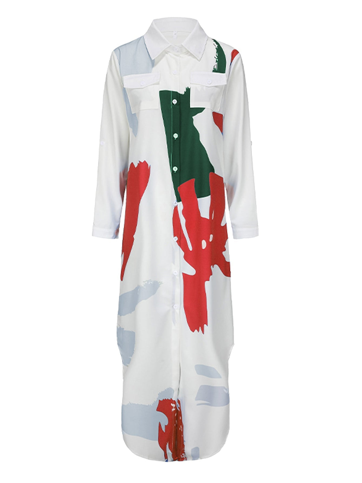 Damen-Kleid, langärmlig, gemustert, Polyester, mit Hemdkragen-3