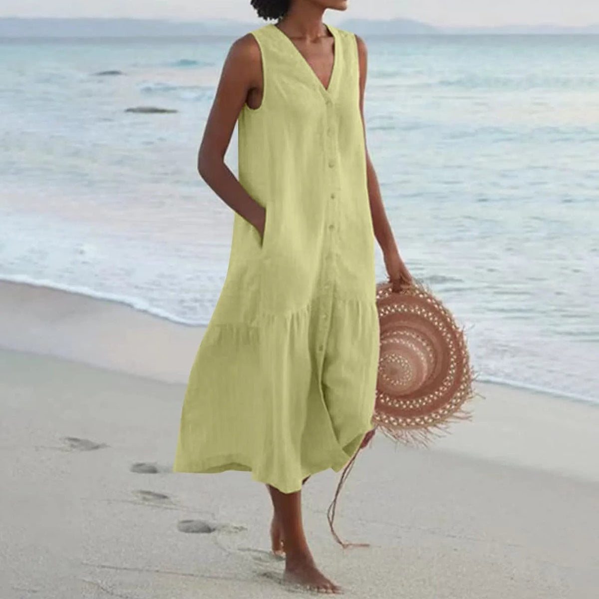 Damen-Kleid, V-Ausschnitt, leichtes Leinen, elegantes Design, knielang-3