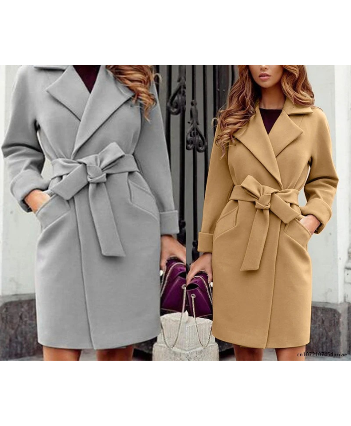 Damen-Trenchcoat mit Gürtel, wendbarer Kragen, Polyester, knielang-5