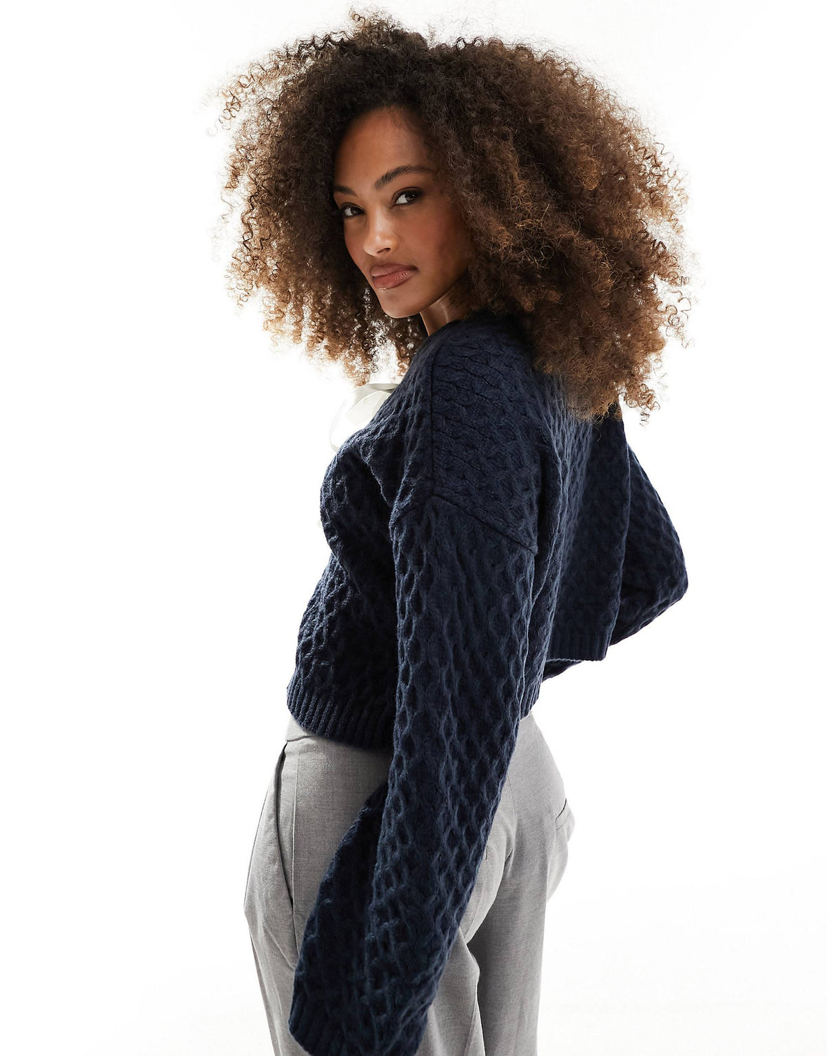 Damen-Cardigan, kurz, Bindegürtel, 100 % Acryl, Kontrastdesign-2