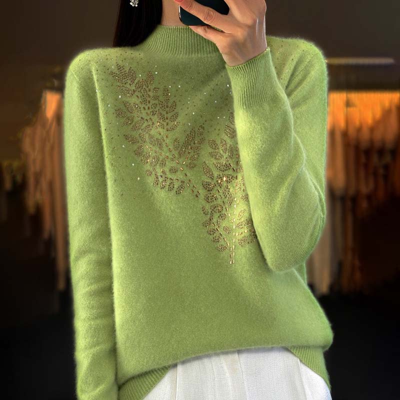 Damen-Strickpullover, mit Blattmuster aus Baumwolle und Acryl, halbhocher Ausschnitt, lange Ärmel-1
