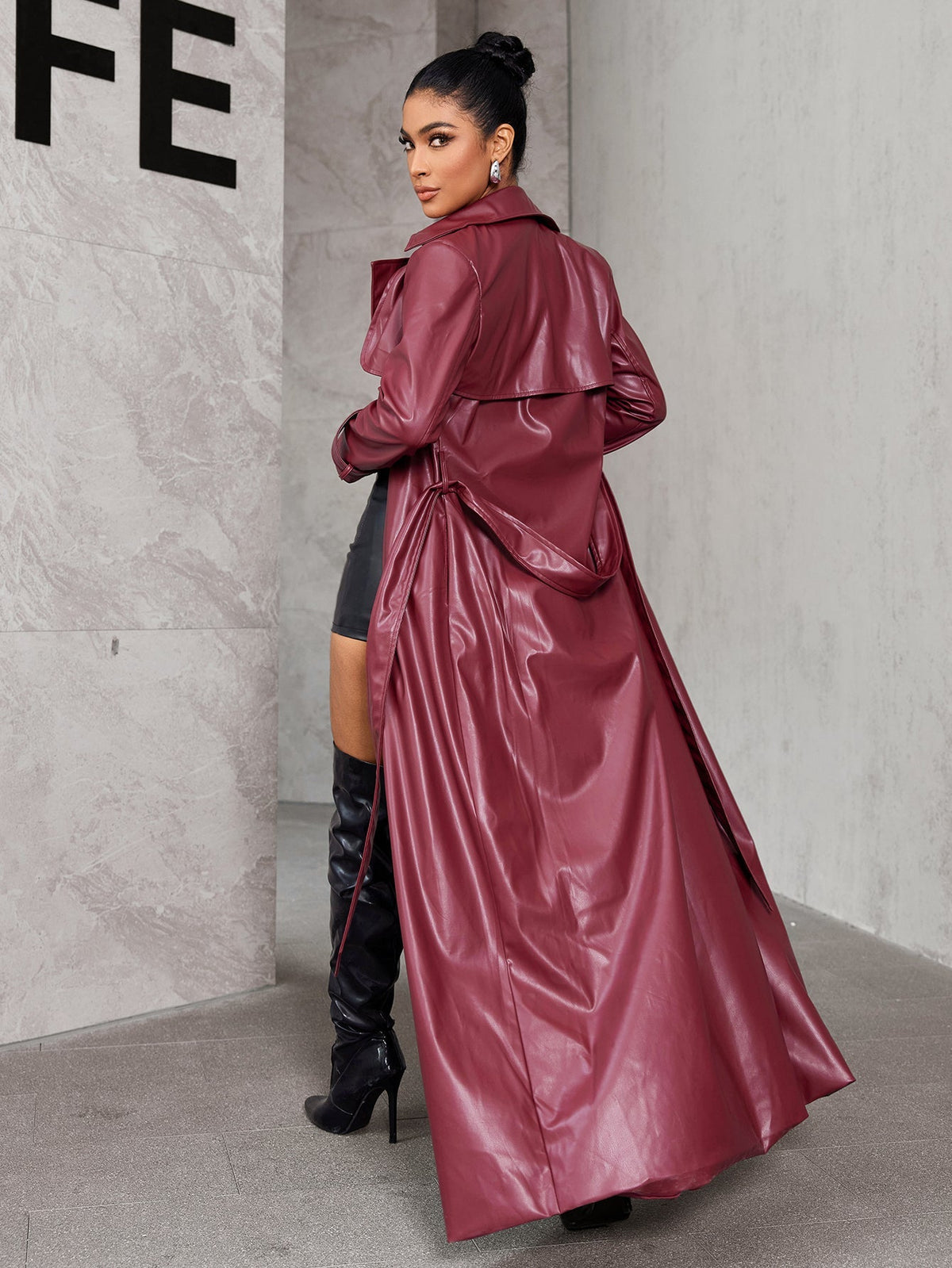 Damen-Trenchcoat, lange offene Front PU Leder-6