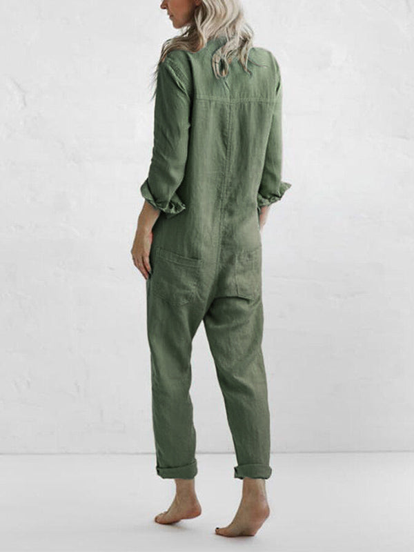 Damen-Jumpsuit Langarm Leinen-Baumwolle-Polyester-2