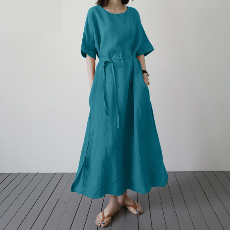 Damen-Maxikleid, Boho-Stil, Baumwolle, kurze Ärmel, Rundhals 1