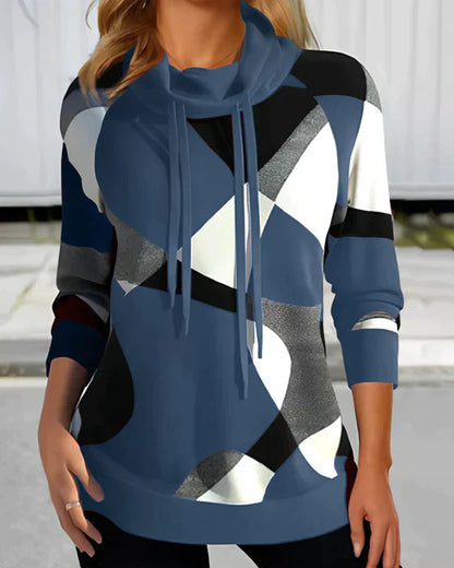 Damen-Kapuzenpullover Hoher Kragen Weiche Mischung Kontrastmaterial-2