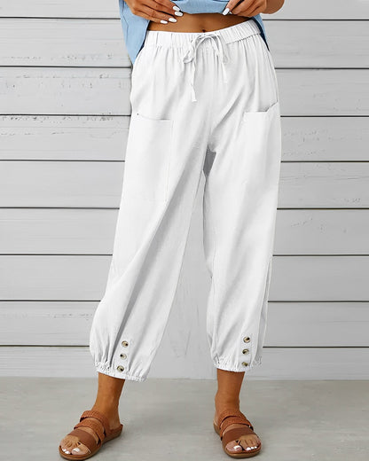 Damen-Leinenhose, 7/8-Länge, Hoche Taille, mit Taschen-3