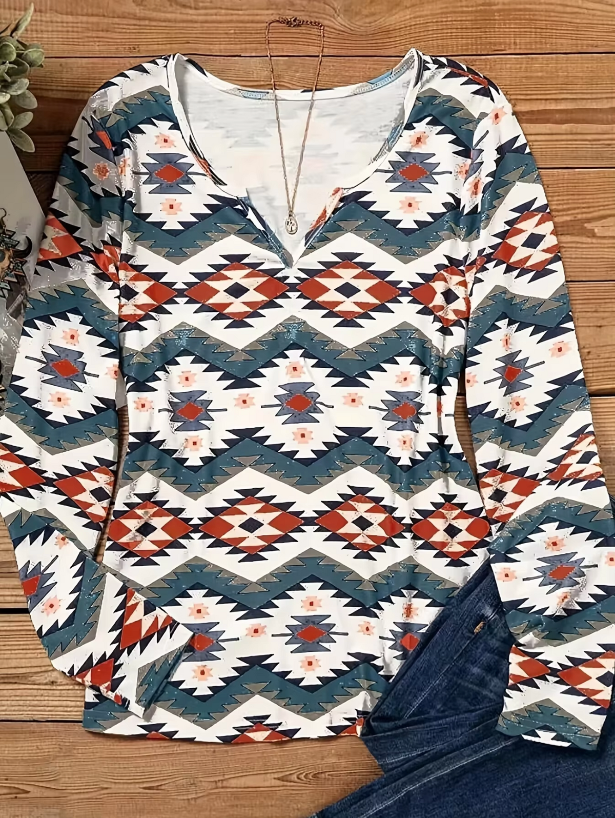Damen-Langarm-T-Shirt, Geometrischer Druck, Baumwolle-2