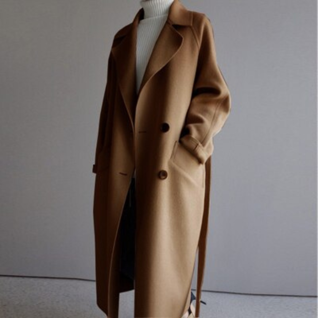 Damen-langer Mantel, elegant, Stoffmischung-4