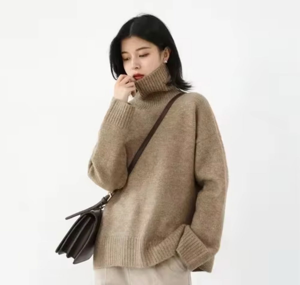 Damen-Strickpullover mit Rollkragen aus weicher Baumwolle – monochromes Design mit breiter Passform für Herbst und Winter 6