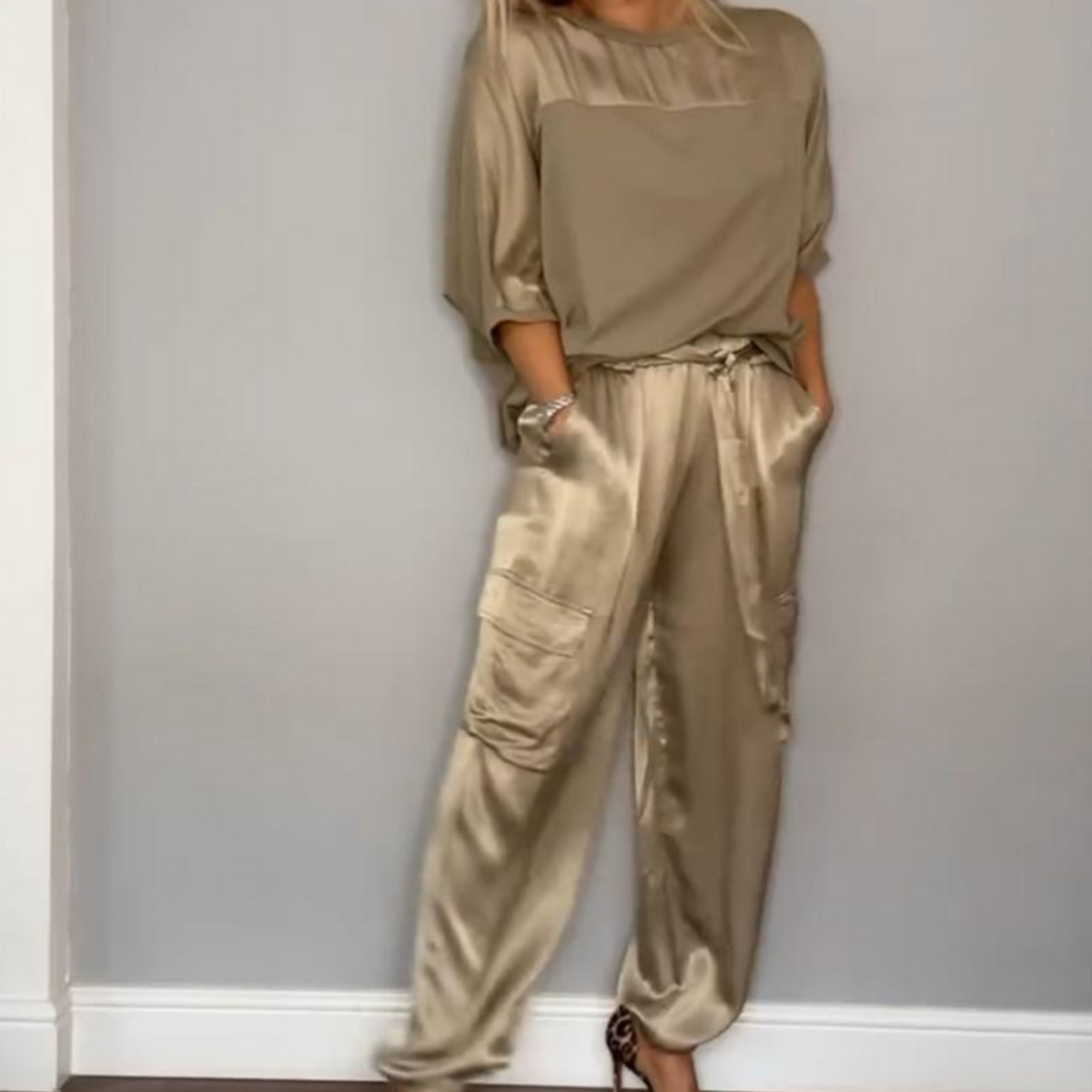 Damen-Set aus Satinhose und Top, lässig, Satin-2