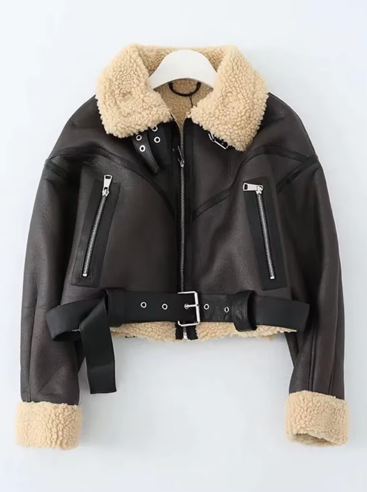 Damen-Fleecejacke, Moto-Stil, mit Gürtel, Kunstfell-6