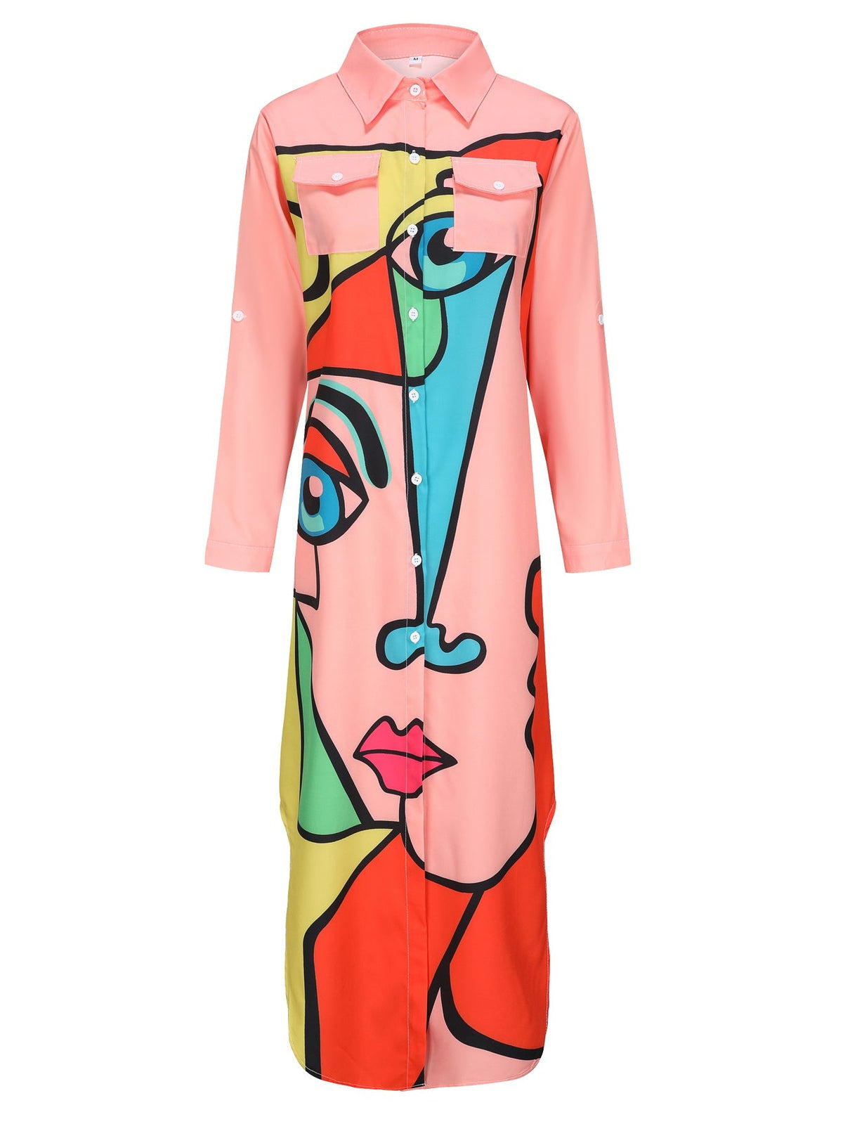 Damen-Kleid, langärmlig, Hemdkragen, Polyester, gemustert-3