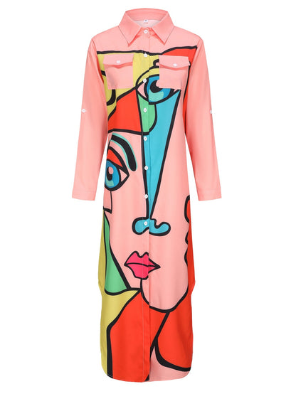 Damen-Kleid, langärmlig, Hemdkragen, Polyester, gemustert-3