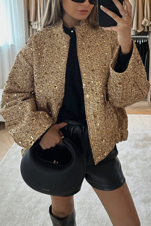 Damenjacke mit Stehkragen Glitzernde Taschen Baumwolle Polyester-1