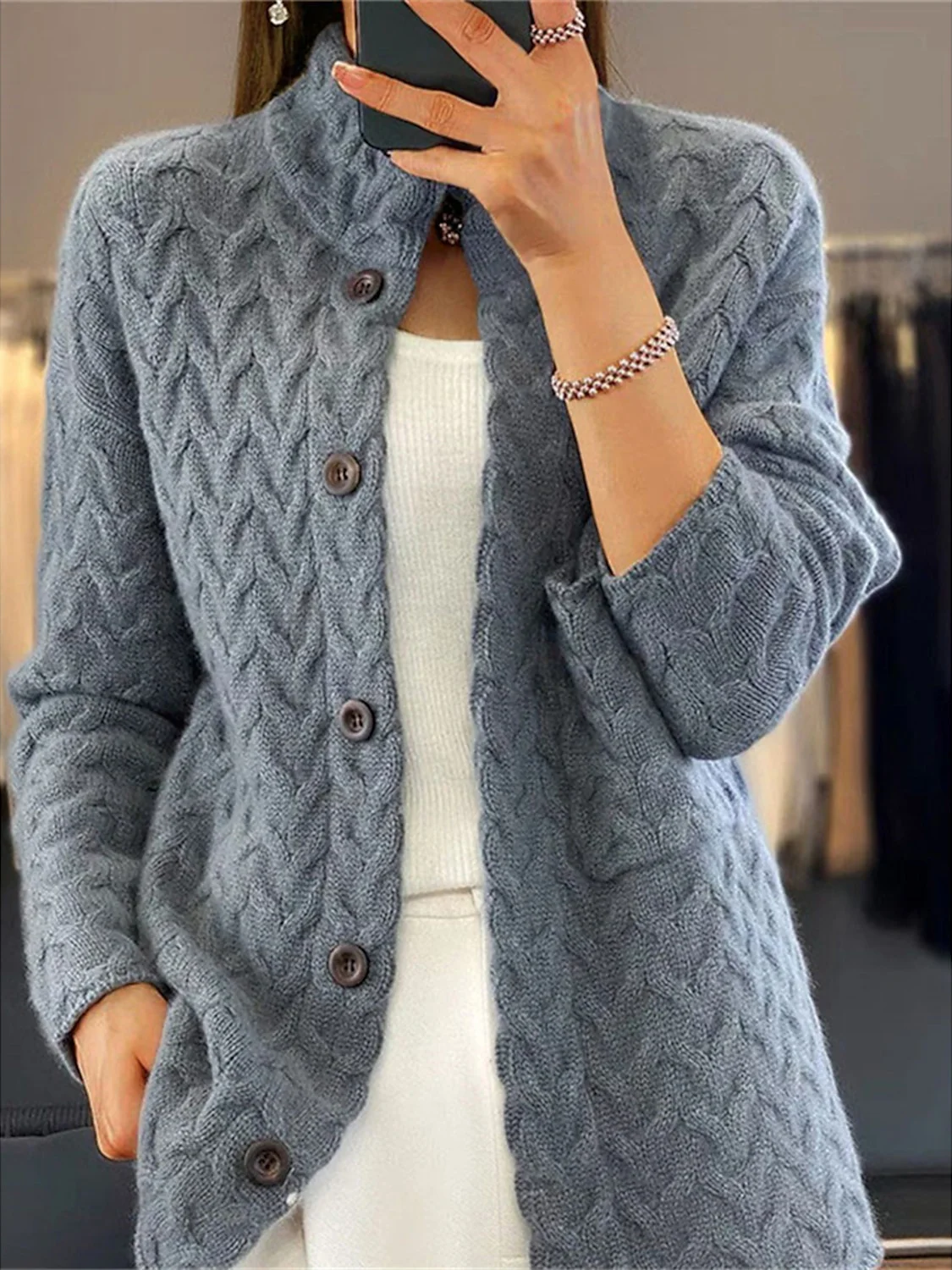 Variant image for Lange Strickjacke Damen Weich Gestrickt Offenes Design-7