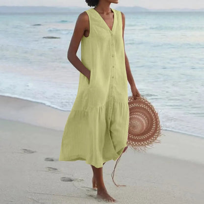 Variant image for Damen-Kleid, V-Ausschnitt, leichtes Leinen, elegantes Design, knielang-13