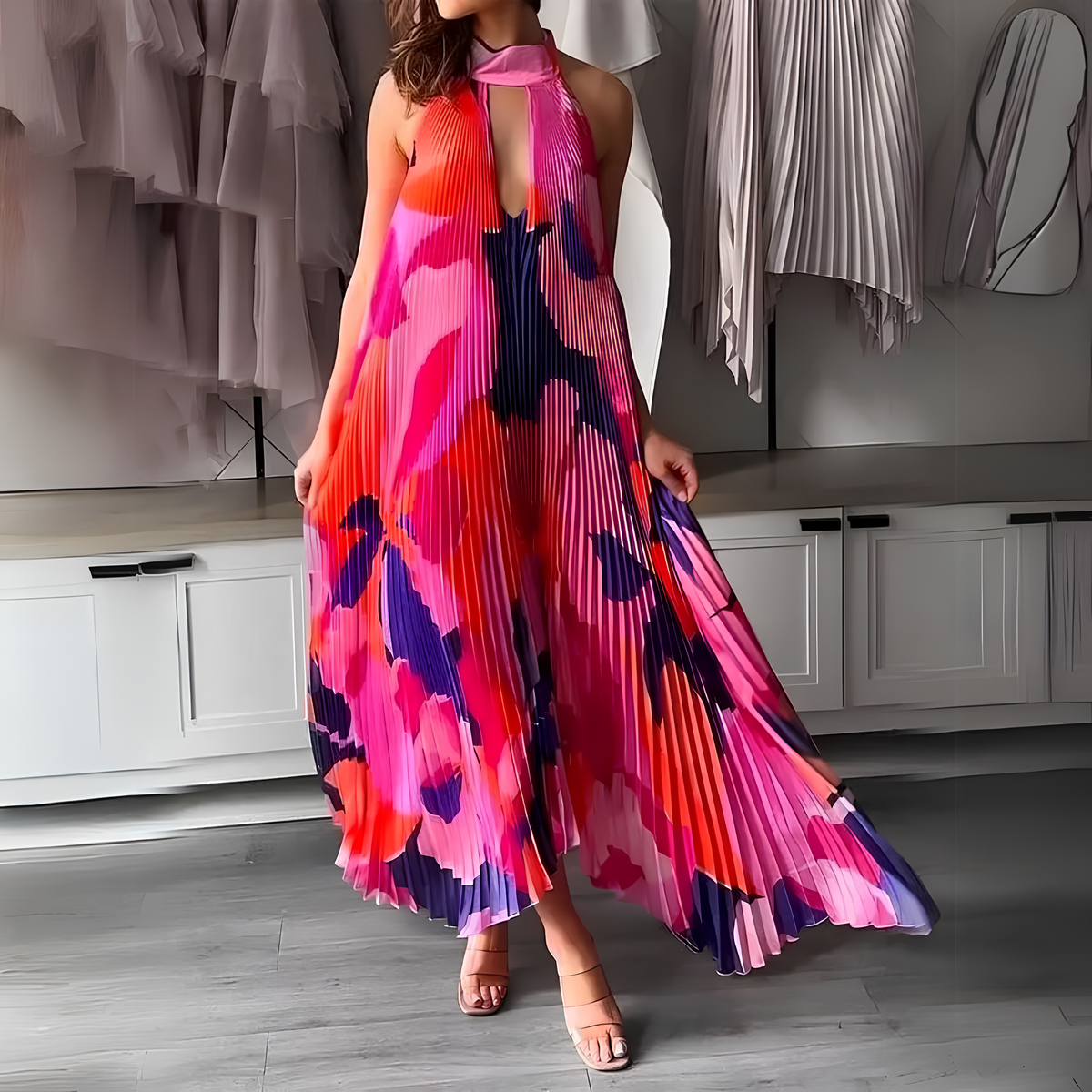 Variant image for Damen-Maxikleid, plissiertes Polyester, elegantes Design-9
