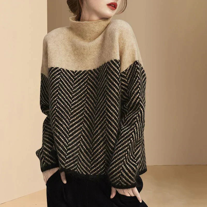 Damen-Strickpullover, hoher Kragen, Fischgrätmuster, weiches Acryl-2
