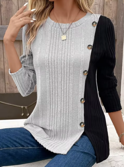 Variant image for Damen-Pullover, gerippte lange Ärmel weiches gewebtes Material, mit Knopfdetails-6