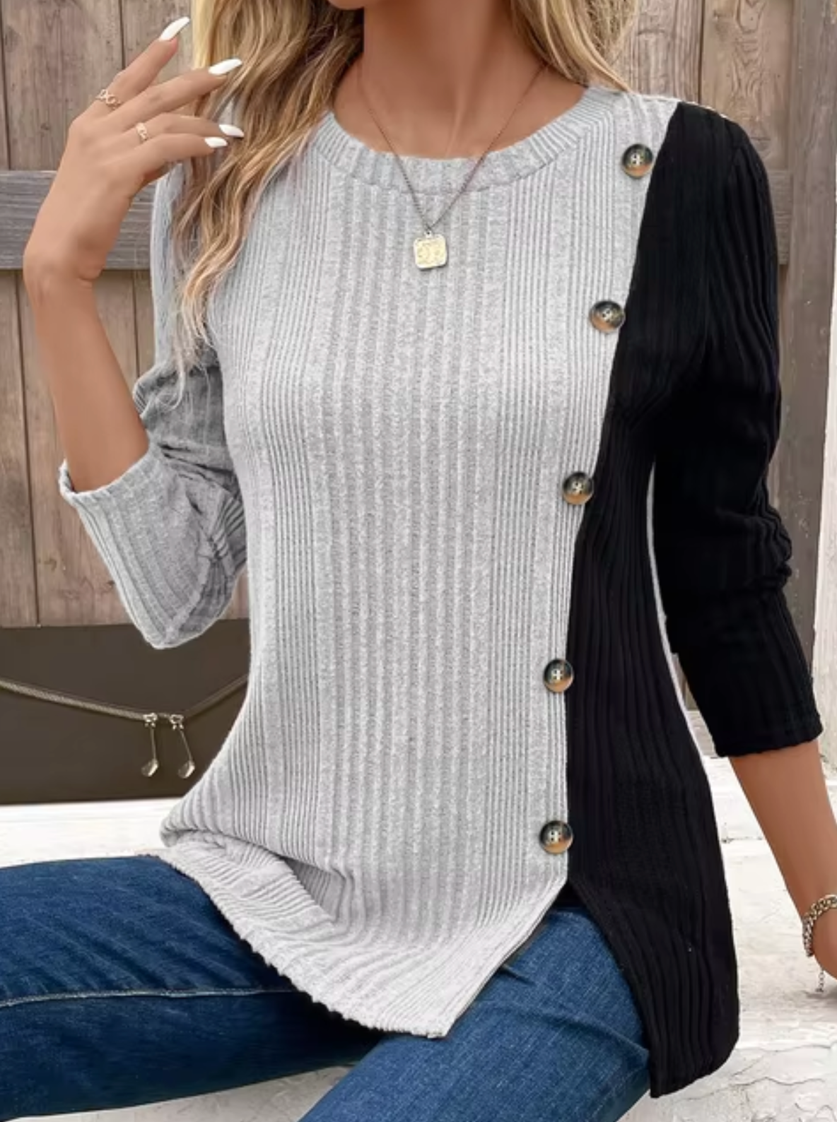 Damen-Pullover, gerippte lange Ärmel weiches gewebtes Material, mit Knopfdetails-2