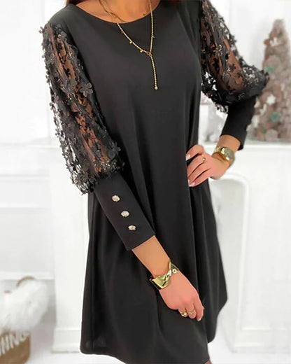 Damen-Kleid, Spitzenärmel, leichtes Polyester 5