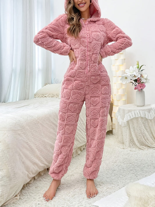 Damen-Overall, Herzmuster, Plüsch, für Winterkomfort-1