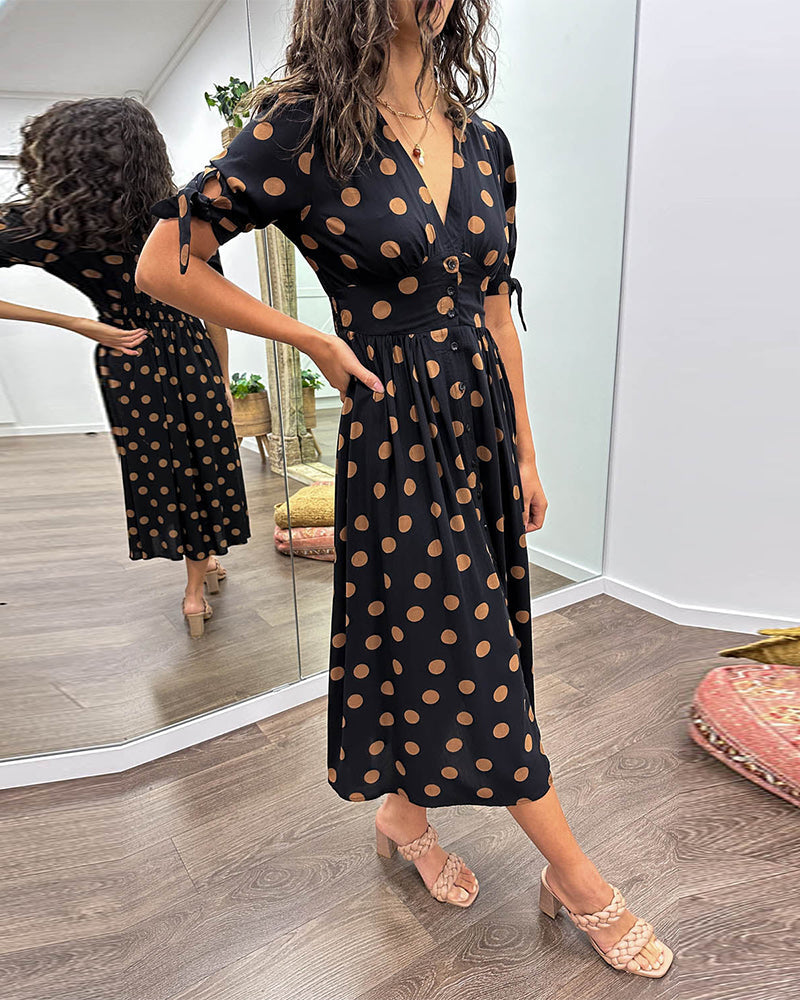 Damen-Midikleid, V-Ausschnitt, Polka Dots, Baumwolle-2