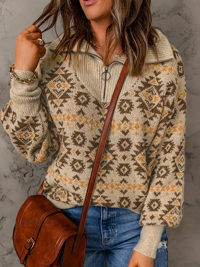 Damen-Strickpullover, mit Reißverschluss, Blumenmuster, atmungsaktives Material-4