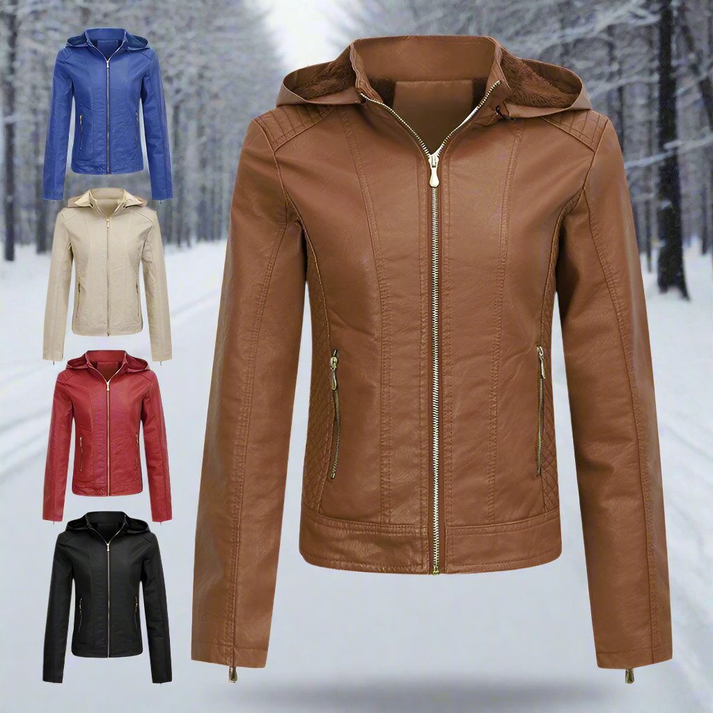 Damen Winterjacke mit Kapuze Synthetikleder Figurbetontes Design-3