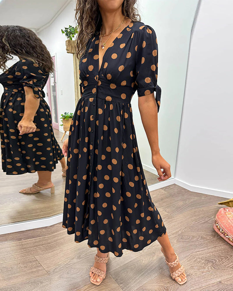 Damen-Midikleid, V-Ausschnitt, Polka Dots, Baumwolle-3