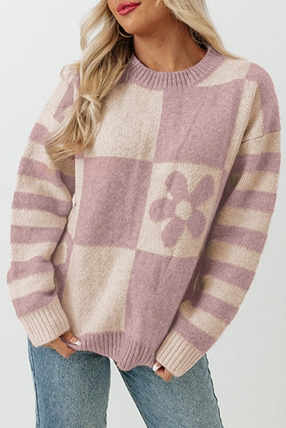Blumen-Stricktop für Frauen mit gestreiften Ärmeln – lockere Passform aus hochwertigem Strickstoff, perfekt für Frühlings- und Sommeroutfits 1