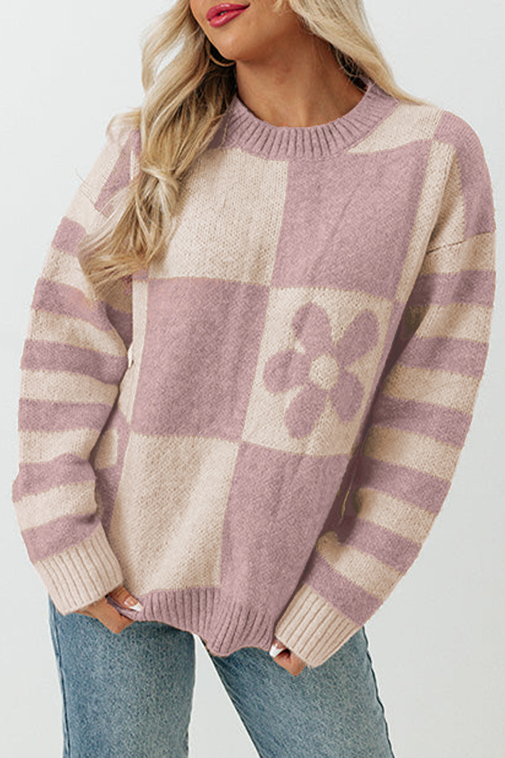 Blumen-Stricktop für Frauen mit gestreiften Ärmeln – lockere Passform aus hochwertigem Strickstoff, perfekt für Frühlings- und Sommeroutfits 6