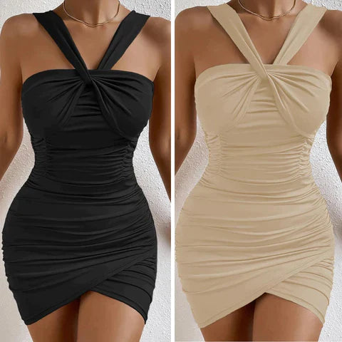 Schwarzes Bodycon-Minikleid mit V-Ausschnitt und ausgeschnittenem Rücken für Damen – elegantes und figurbetontes Polyesterkleid 2