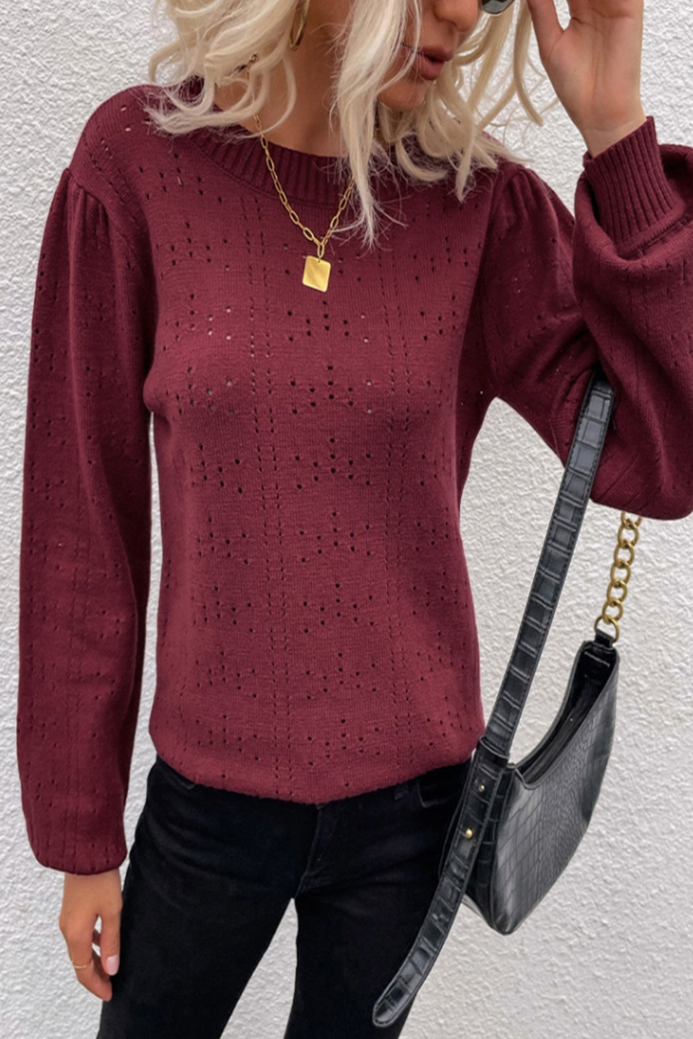 Damen-Strickpullover, lange Ärmel, Rundhalsausschnitt, Polyester-4
